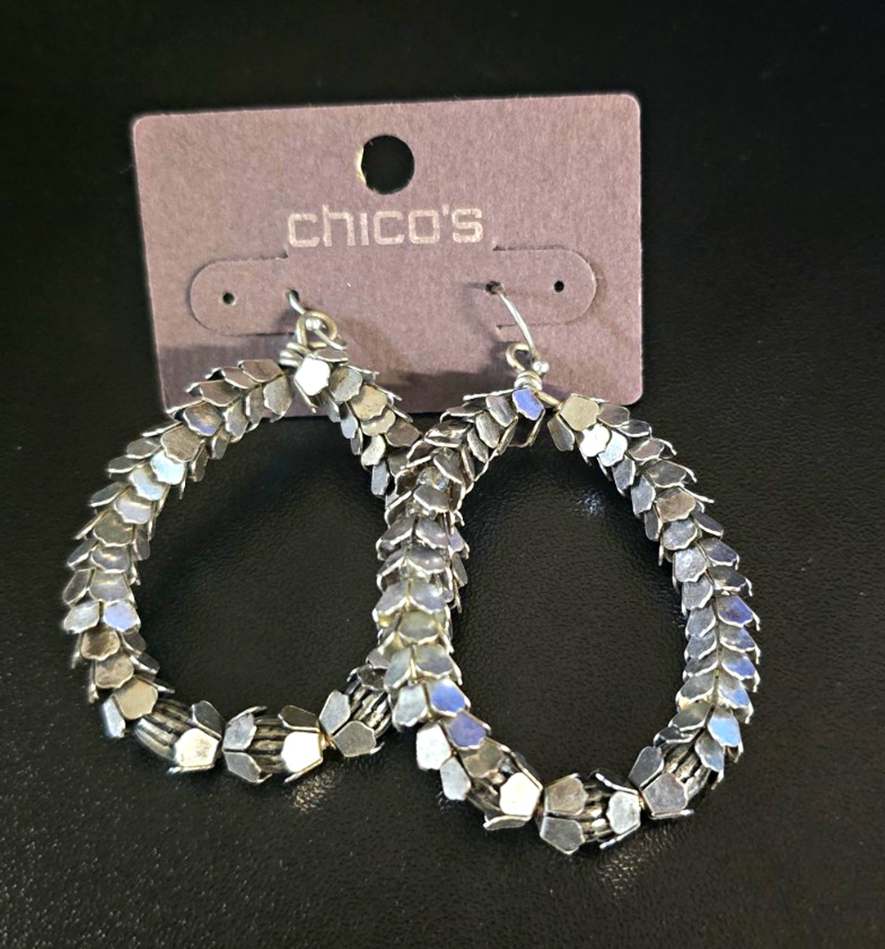 Chico's Silver Tone Textured Round Hoop Dangle Earrings Hook Closure Nickel-Free